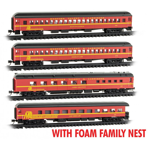 Micro-Trains Line 99302236 - Heavyweight 4-pk Dinner Excursion Set (Foam Nest) Medford, Talent & Lakecreek (MTL)  - N Scale