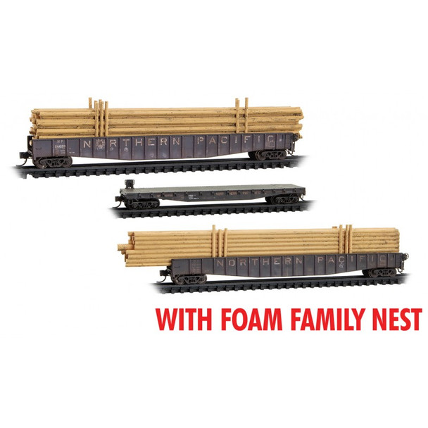 Micro-Trains Line 99302240 - Log & Flat Car 3pk Foam insert Northern Pacific (NP) 56059, 62785, 56060 - N Scale