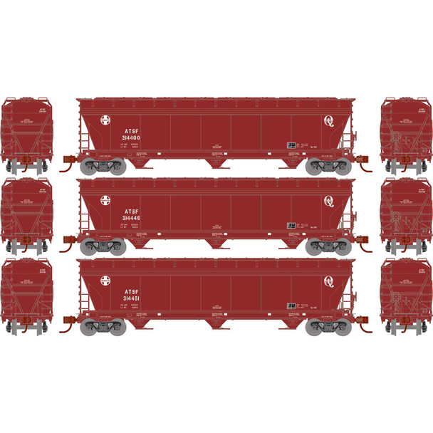 Athearn Genesis N12946 - ACF 4600 3-Bay Center Flow Hopper (3) Atchison, Topeka and Santa Fe (ATSF) 314446, 314400, 314451 - N Scale