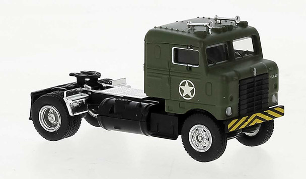 Brekina 85954 - 1950 Kenworth Bullnose Tractor Only - Assembled U.S. Army (olive, yellow, white)  - HO Scale