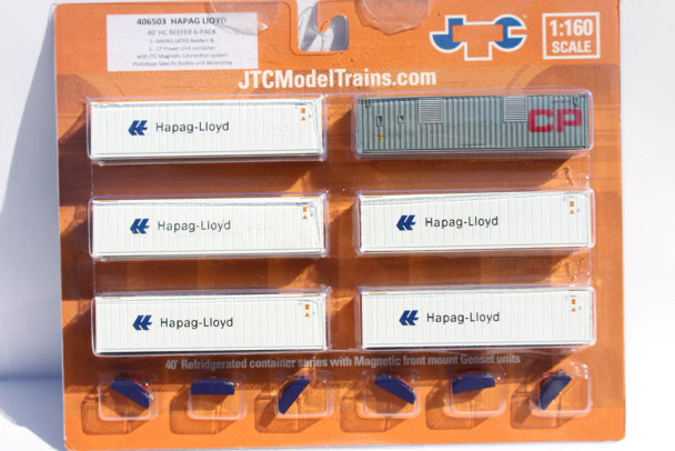 Jacksonville Terminal Co 406503 - 40' High Cube Reefer Container (6) 1 CP, 5 Hapag-Lloyd  - N Scale