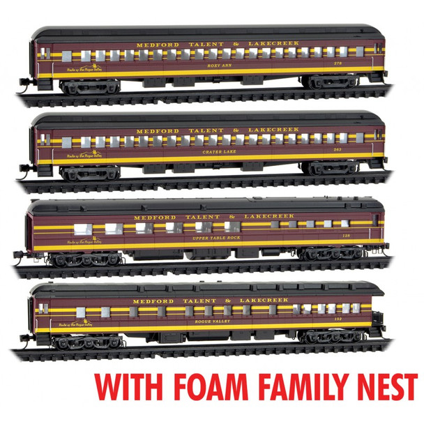 Micro-Trains Line 99302237 - Heavyweight 4-pk (Foam Nest) Medford, Talent & Lakecreek (MTL) 2 single window coaches, 1 Diner and 1 Observation car - N Scale