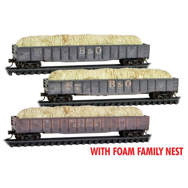 Micro-Trains Line 99302243 - 50' Steel Side Gondola with Hay Load Weathered 3 Pack (Foam Nest) Baltimore & Ohio (B&O) 354178, 354820, 314008 - N Scale