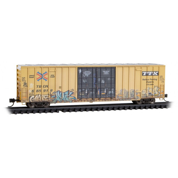 Micro-Trains Line 12344016 - 60' Rib Side High Cube Box Car TTX (TBOX) 665909 - Weathered and Graffiti - N Scale