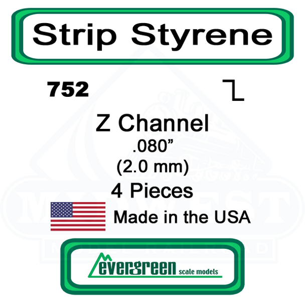 Evergreen 752 -  Styrene Z Channel .080"