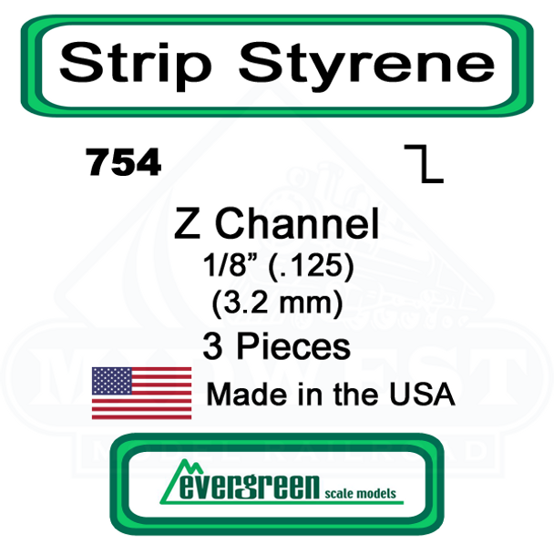 Evergreen 754 -  Styrene Z Channel .125"