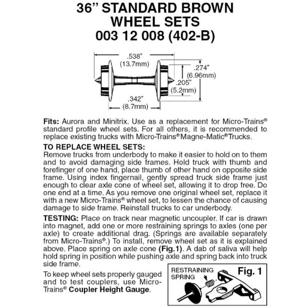 Micro-Trains Line 003 12 008 - 36" Standard Wheel Sets (Brown) 48 axles (402-B)  - N Scale