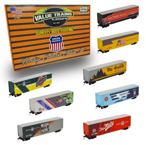 Value Trains USA HO10010 - ACF 50'6" Boxcar Union Pacific (UP) Heritage Scheme Collectors Edition 8 Car Set - HO Scale