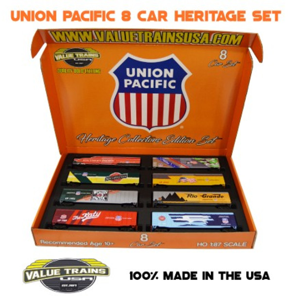 Value Trains USA HO10010 - ACF 50'6" Boxcar Union Pacific (UP) Heritage Scheme Collectors Edition 8 Car Set - HO Scale