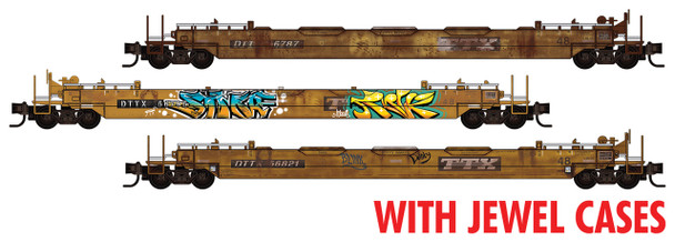 Micro-Trains Line 98302262 -  Well Car 3-pk  Weathered, yellow, black, graffiti TTX (DTTX) 56787, 56795, 56821 - N Scale