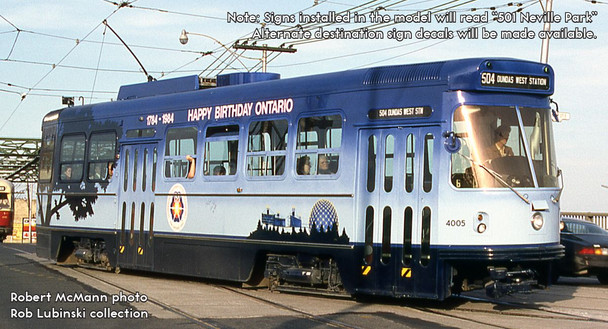 PRE-ORDER: Rapido 702017 - TTC Canadian Light Rail Vehicle (DC Silent) Toronto TTC "Happy Birthday Ontario": #4005 - HO Scale