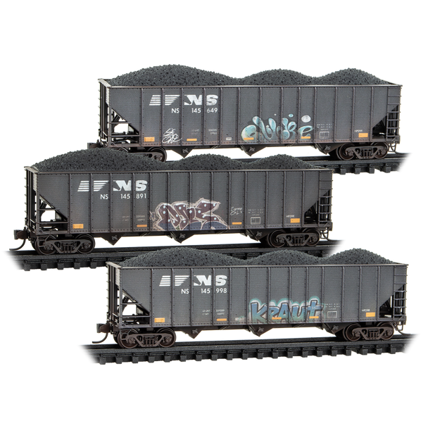 Micro-Trains Line 98305104 - 100-Ton 3-Bay Open Hoppers  Weathered 3-Pack Norfolk Southern (NS) 145649, 145891, 145998 - N Scale