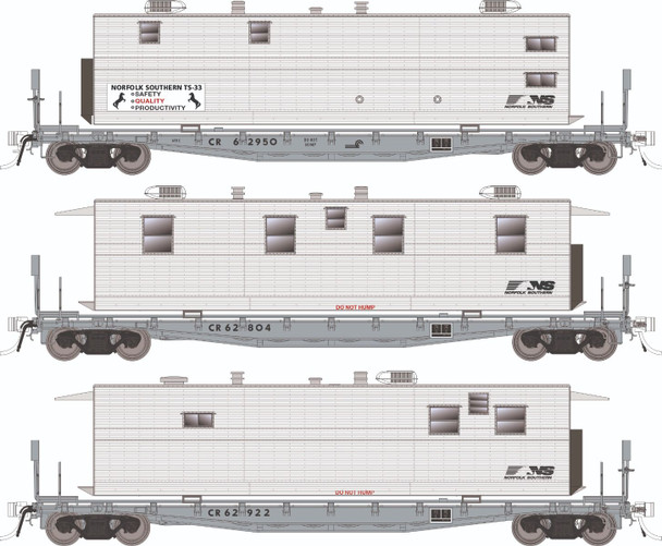 PRE-ORDER: Rapido 138109 - F30A 50' Flat Car w/Camp Van (3-pack) Norfolk Southern (NS) 62950 (Office), 62804 (Kitchen), 62922 (Dining) - HO Scale