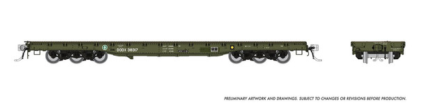 Rapido 199004A-38443 - Magor 54' 6-Axle Military Flatcar Department of Defense (DODX) 38443 Late Scheme - HO Scale