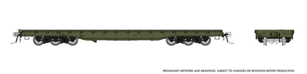 Rapido 199098 - Magor 54' 6-Axle Military Flatcar Unlettered Green - HO Scale