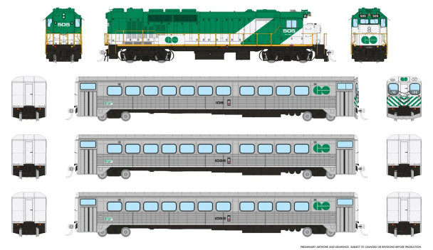 PRE-ORDER: Rapido 226006 - GMDD GP40TC + 3 Car Set Set (DC Silent) GO Transit Early Green Set #4 (Loco: 505 Cab: 106 Coaches: 1024 1053) - HO Scale