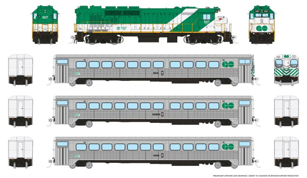 PRE-ORDER: Rapido 226508 - GMDD GP40TC + 3 Car Set Set (DCC and Sound) GO Transit Late Green Set #2 (Loco: 507 Cab: 104 Coaches: 1064 1104) - HO Scale