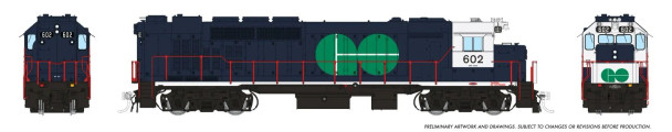 PRE-ORDER: Rapido 34003 - GMDD GP40TC (DC Silent) GO Transit 602 Blue Scheme - HO Scale