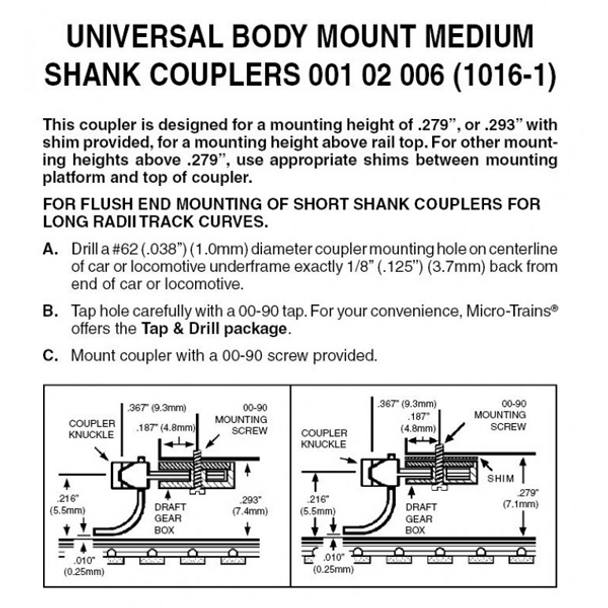 Micro-Trains 00102006 - Universal Body Mount Medium Shank Couplers - N Scale