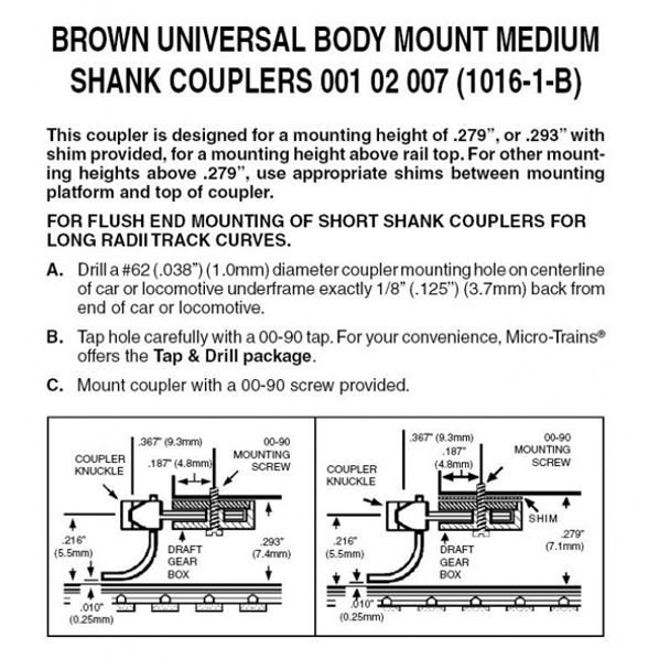 Micro-Trains 00102007 - Brown Universal Body Mount Couplers Medium Shank Assembled