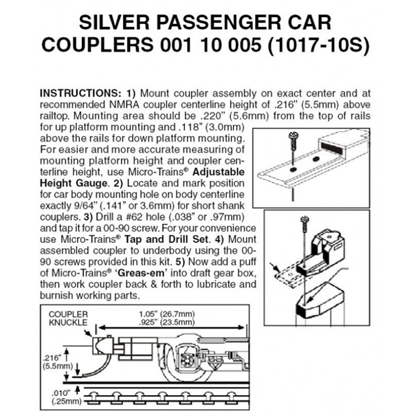 Micro-Trains 00110005 - Silver Passenger Car Couplers Assembled - 10 pair