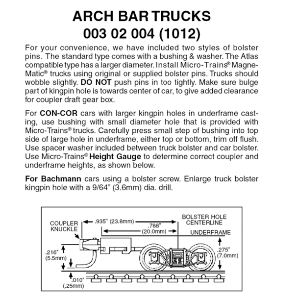 Micro-Trains 00302004 - Arch Bar Trucks With Long Extension Couplers  (1012)  1 pair
