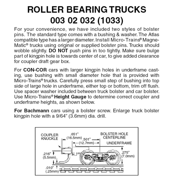 Micro-Trains 00302032 - Roller Bearing Trucks With Medium Extension Couplers (1033) 1 pair