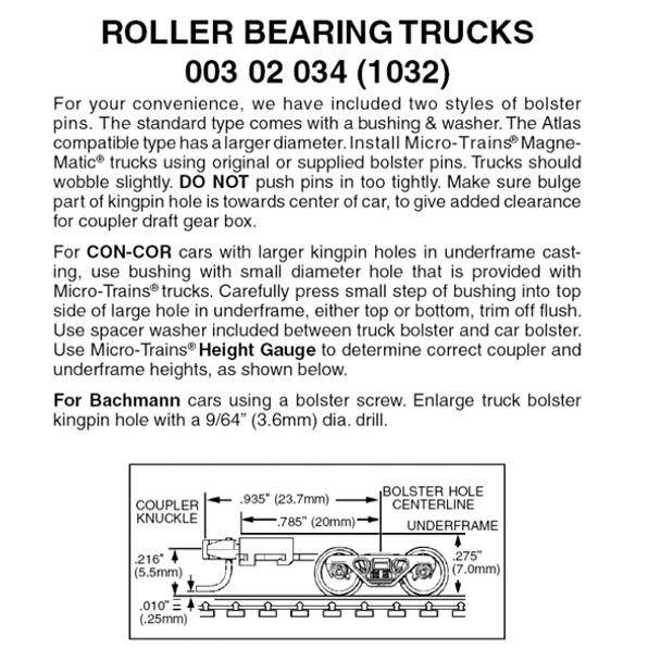 Micro-Trains 00302034 - Roller Bearing Trucks With Long Extension Couplers (1032) 1 pair