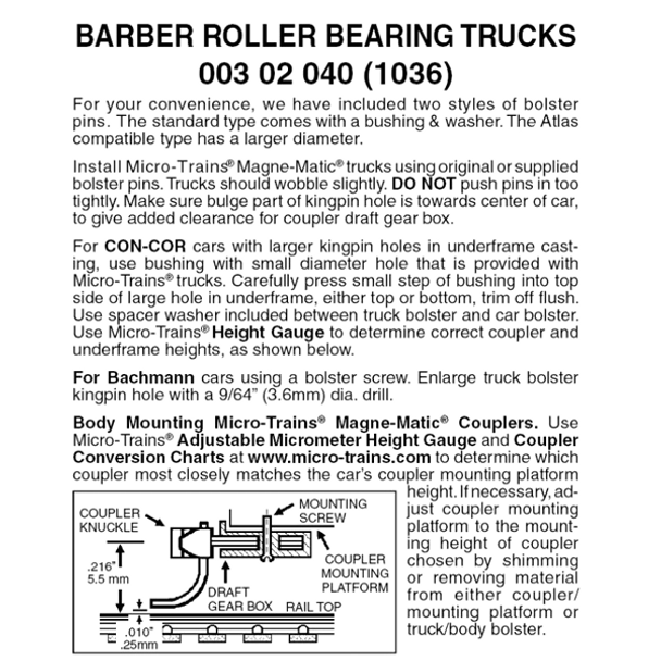 Micro-Trains 00302040 - Barber Roller Bearing Trucks Without Couplers (1036) 1 pair