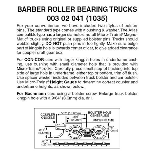 Micro-Trains 00302041 - Barber Roller Bearing Trucks With Short Extension Couplers (1035) 1 pair