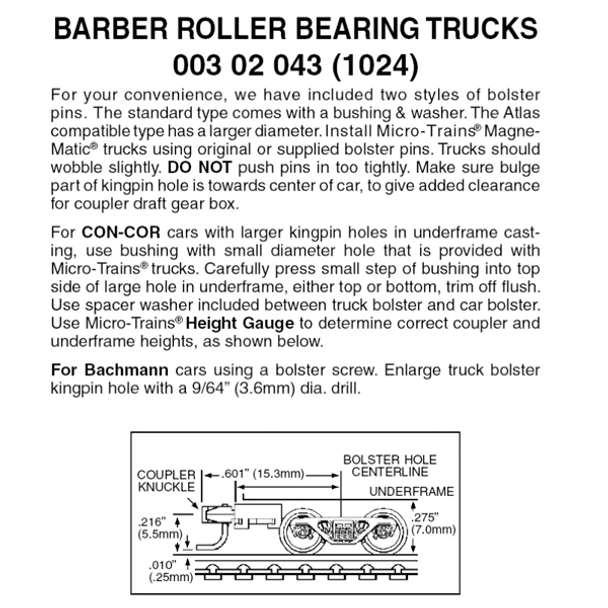 Micro-Trains 00302043 - Barber Roller Bearing Trucks With Medium(+) Extension Couplers (1024) 1 pair
