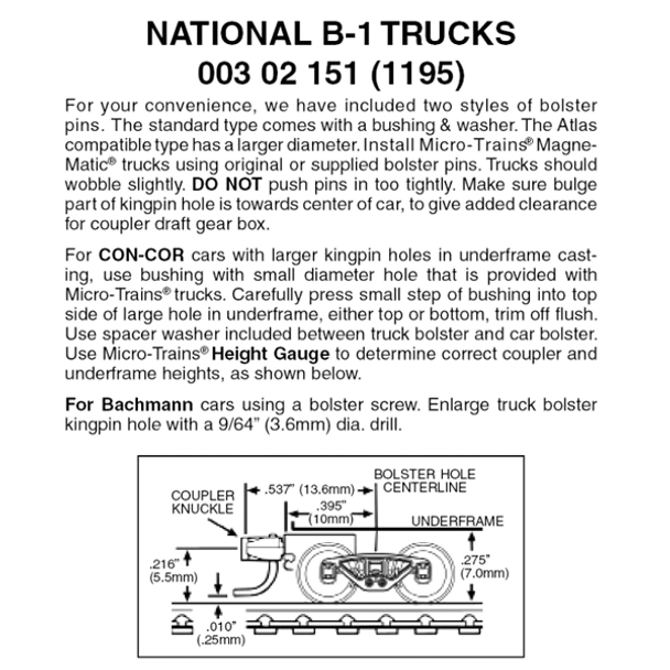 Micro-Trains 00302151 - National B-1 Trucks With Short Couplers (1195) 1 pair