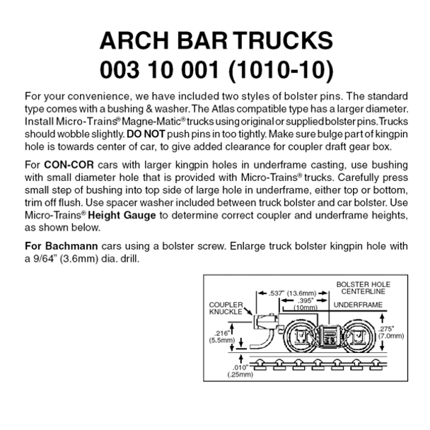 Micro-Trains 00310001 - Arch Bar Trucks With Short Extension Couplers (1010-10) 10 pair