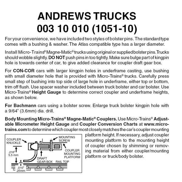 Micro-Trains 00310010 - Andrews Trucks Without Couplers (1051-10) 10 pair