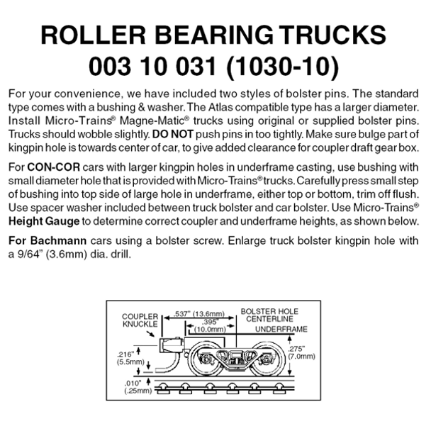 Micro-Trains 00310031 - Roller Bearing Trucks With Short Extension Couplers (1030-10) 10 pair