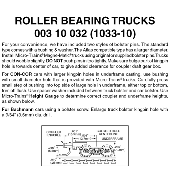 Micro-Trains 00310032 - Roller Bearing Trucks With Medium Extension Couplers (1033-10) 10 pair