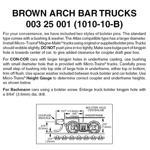 Micro-Trains 00325001 - Arch Bar Trucks With Short Extension Couplers - Brown (1010-10-B) 10 pair