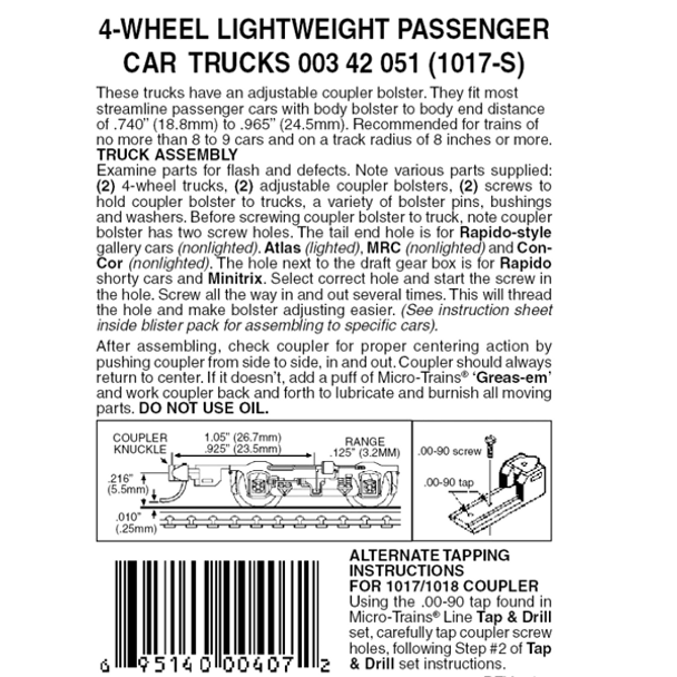 Micro-Trains 00342051 - 4-Wheel Passenger Car Trucks With Adjustable Couplers (Silver)(1017-S) 1 pair