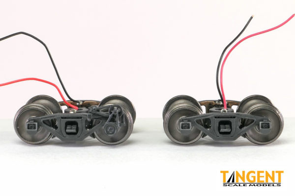 Tangent Scale Models 2034 - 70-Ton Gould Rebuilt Roller Bearing Generator Caboose Trucks with Blackened Semi-Scale Wheelsets and Power Pickup (SKU 2034)  - HO Scale