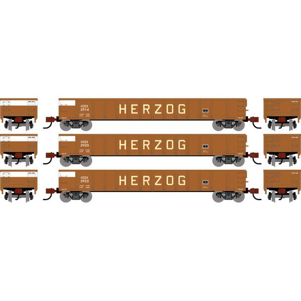 Athearn 1908 - 52' Mill Gondola (3) Herzog (HZGX) 3914/3920/3922 - N Scale