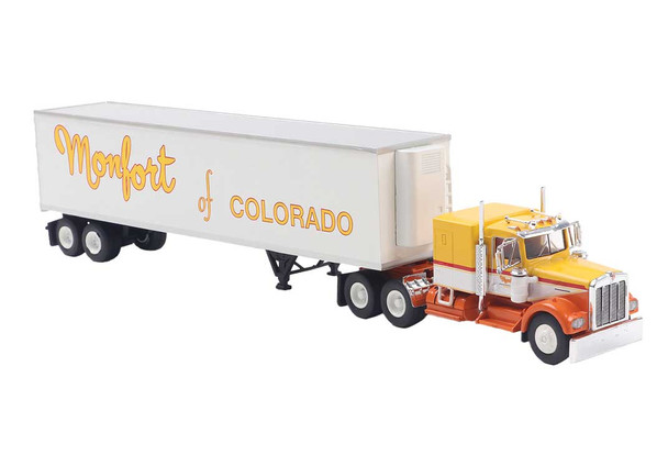 Brekina 86256 - Kenworth W900 Semi Tractor w/Sleeper Cab & Reefer Trailer -  Monfort of Colorado (yellow, orange, white)  - HO Scale