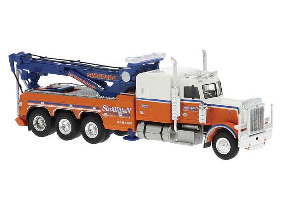 Brekina 86277 - Peterbilt 359 Heavy-Duty Tow Truck - Suburban (orange, blue, white)  - HO Scale