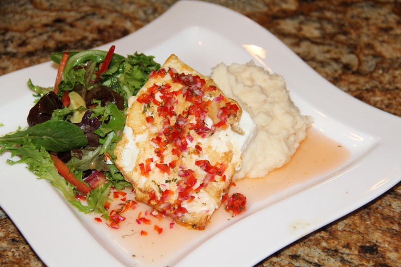 Grilled Halibut with Sweet Thai Chile Sauce over Mixed Field Greens with Wasabi Vinaigrette.