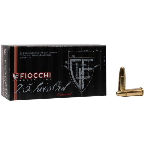 Fiocchi Classic Loads Ammunition - 7.5 Swiss Ordinance, 107 gr, FMJ, 370 mps, Model 707500