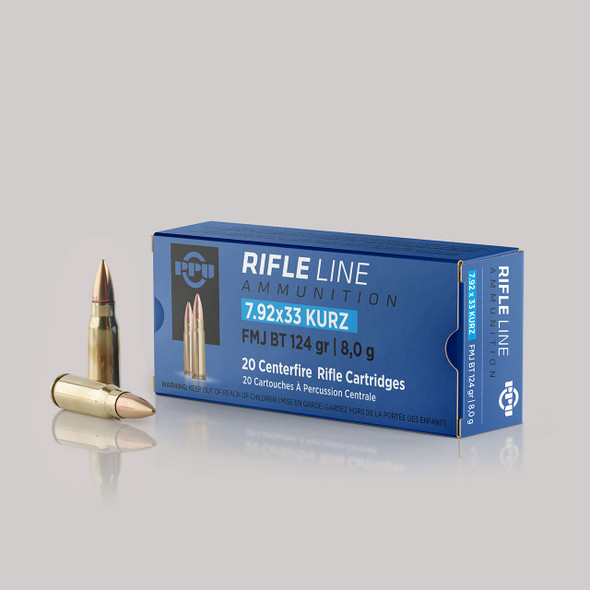 PPU Rifle Line Ammunition: 7.9x33 Kurz, 124 gr, FMJ-BT, 2250 fps, Qty: 20 | A424