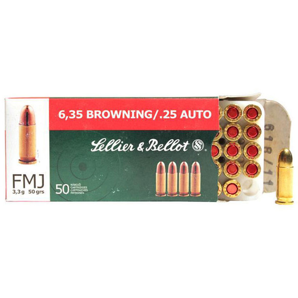 Sellier & Bellot Handgun Line Ammunition - 25 Auto (6.35mm Browning), 50 gr, FMJ, Model 320020