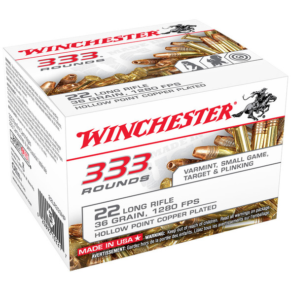 Winchester USA White Box  Ammunition: 22 LR, 36 gr, Copper Plated HP Rimfire, 1280 fps, Model 22LR333HP