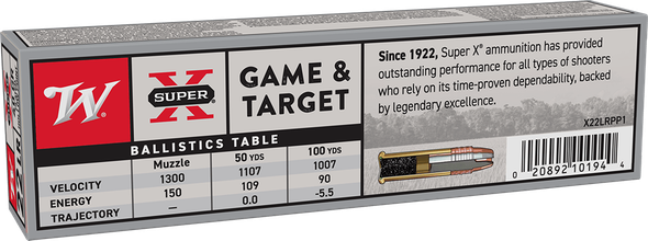 Winchester Super-X Ammunition: 22 Long Rifle, 40 Grain, Power-Point HP Copper Plated, 1300 fps