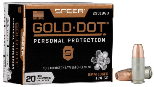 Speer Gold Dot Handgun Personal Protection Ammunition: 9mm Luger, 124 Grain, Gold Dot Hollow Point, 1150 fps