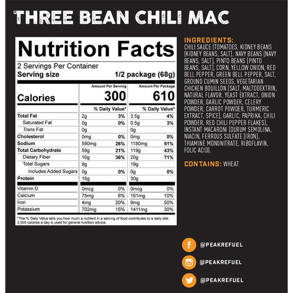 Peak Refuel Premium Freeze-Dried Three Bean Chili Mac Meal